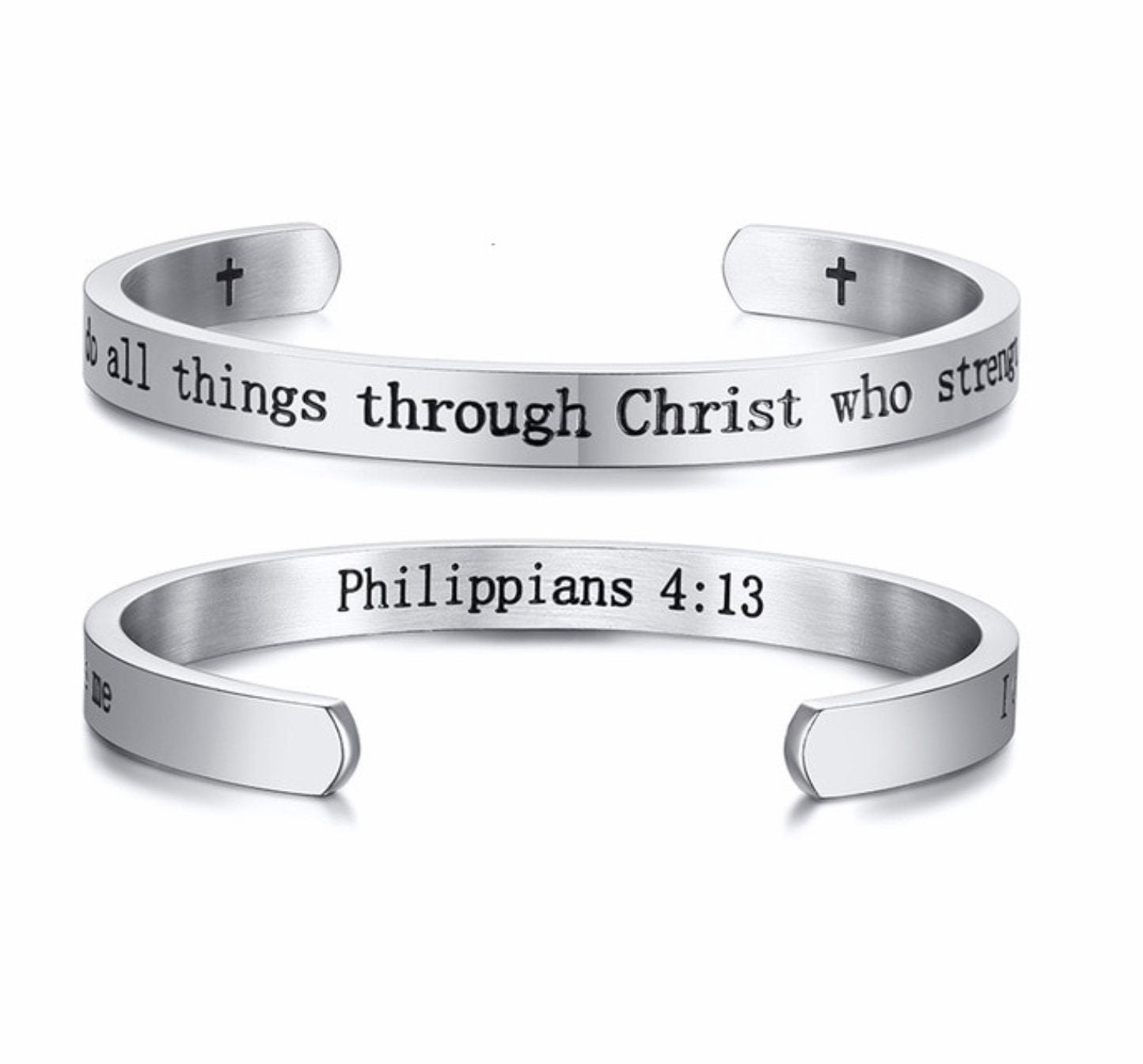 Silver cuff bracelet with engraved Philippians 4:13 and cross accents