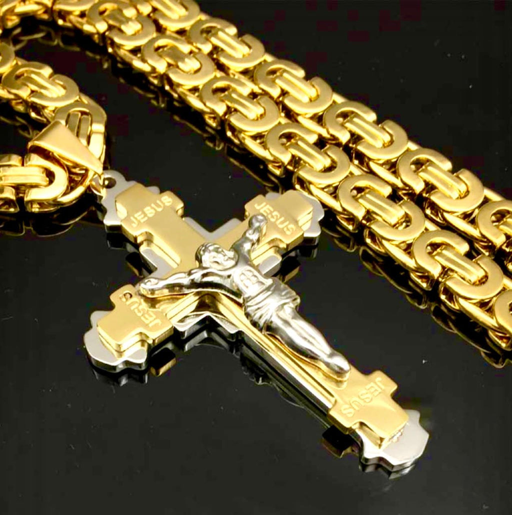 Crucifix cross pendant necklace with gold-tone chain and silver Jesus figure