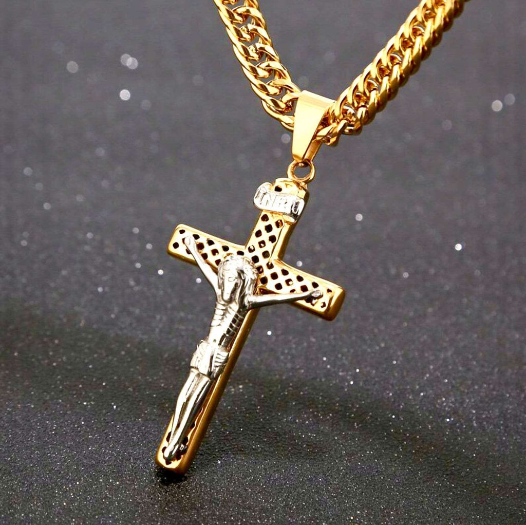 Gold-tone crucifix cross necklace with crucifix pendant on a chain