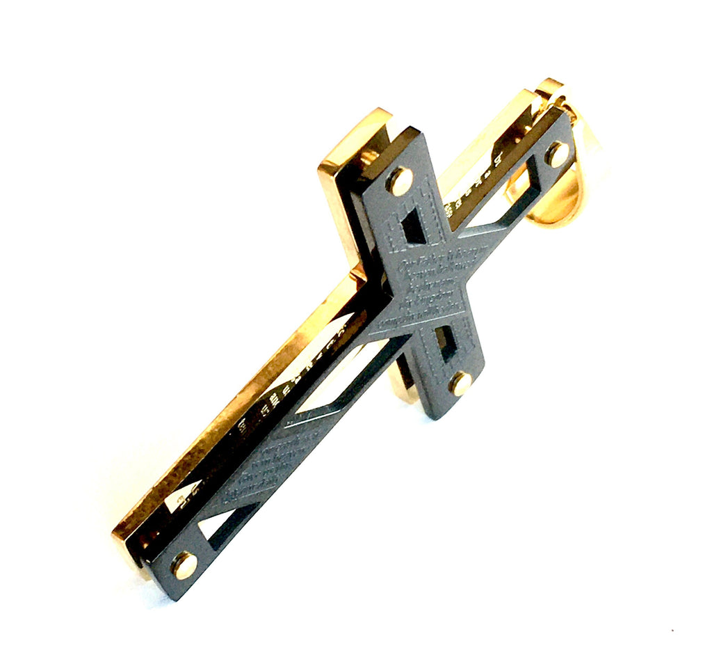 Gold and black crucifix cross pendant with side profile and engraved inset