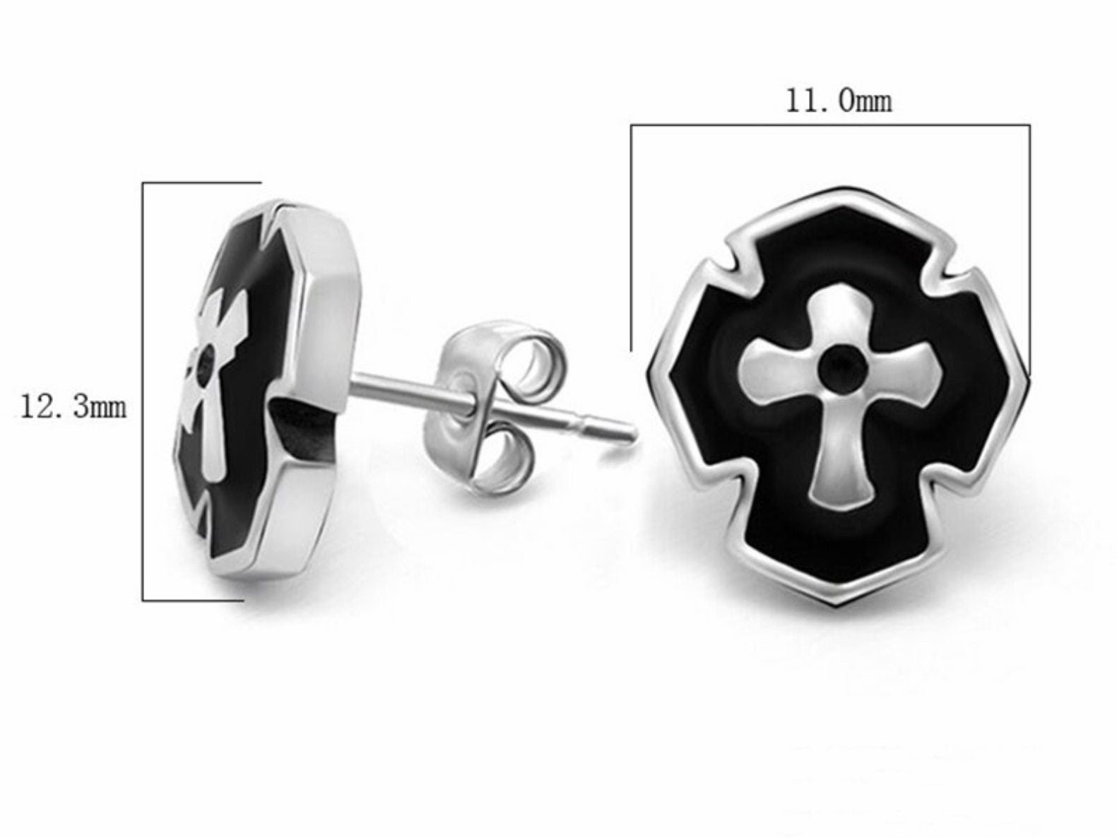 Cross stud earrings, black center with silver-tone border; 11mm and 12.3mm size