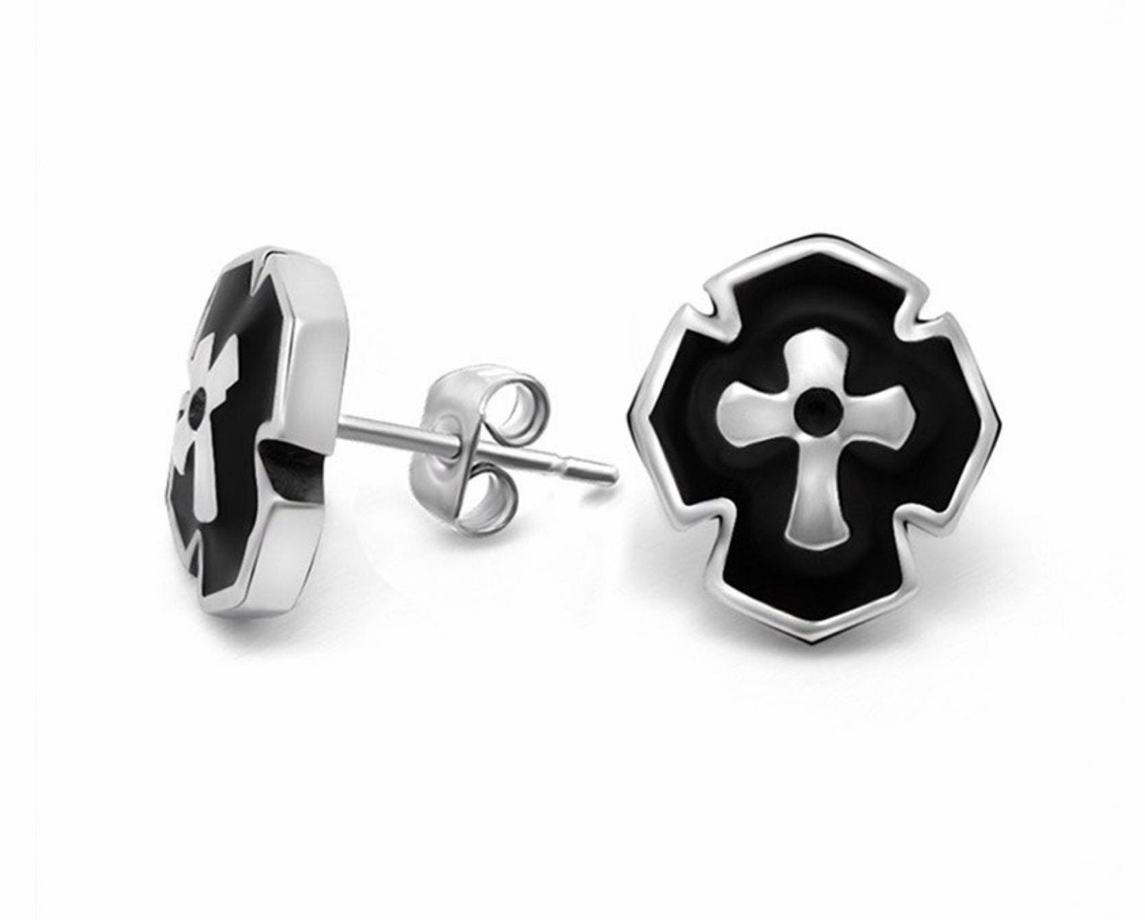 Cross stud earrings with black enamel center and silver-tone border, matching posts