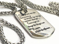 Serenity Prayer dog tag pendant with engraved text on silver-tone chain