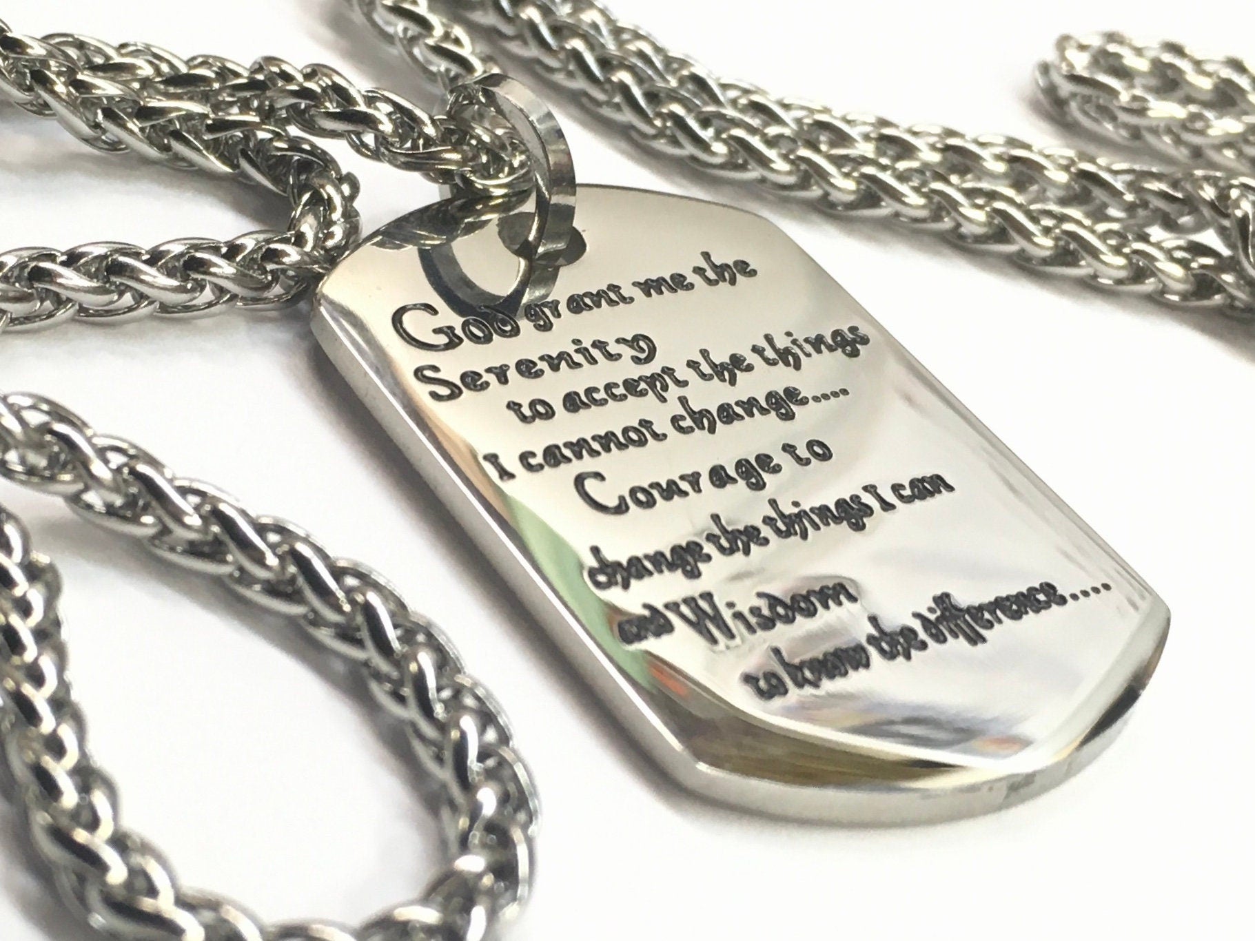 Serenity Prayer dog tag pendant with engraved text on silver-tone chain