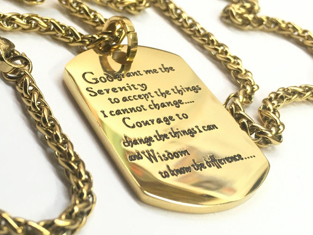 Serenity Prayer dog tag pendant with engraved Serenity Prayer text and gold links