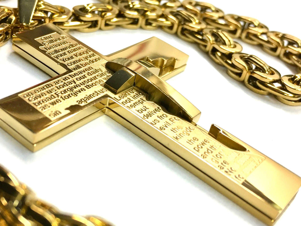 Gold crucifix cross pendant with engraved prayer text and matching Byzantine chain