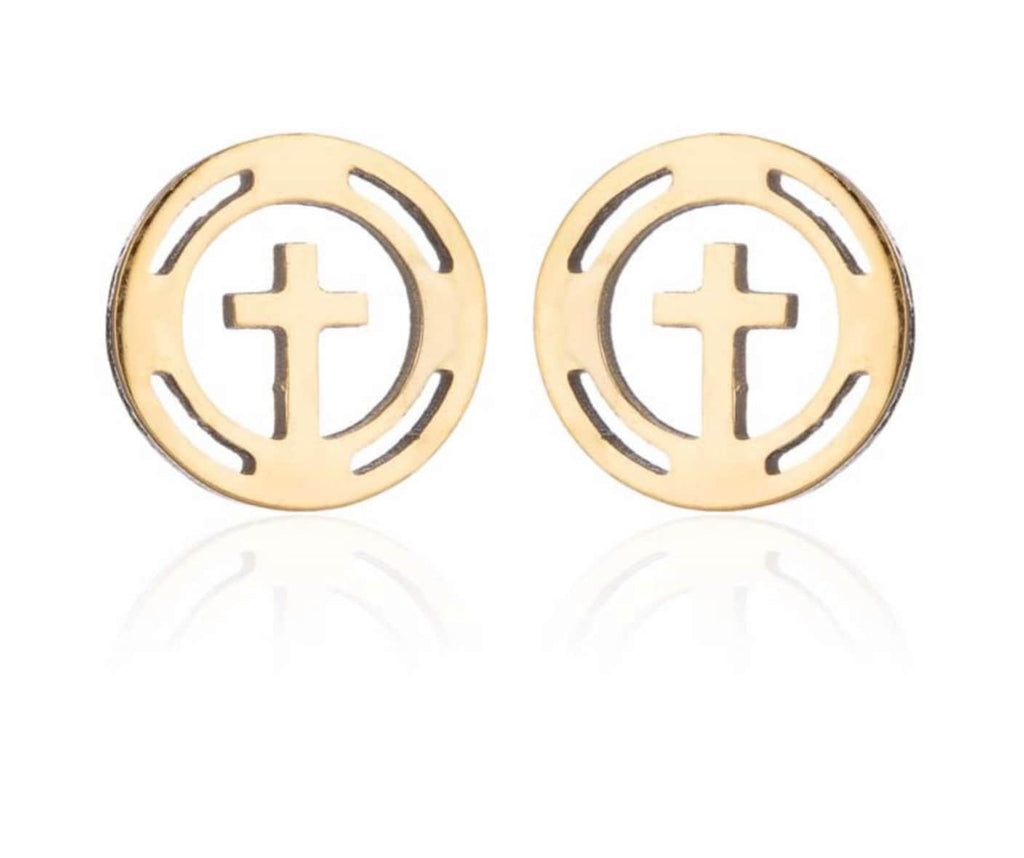 Round cross stud earrings in gold tone, circular border with plus cross