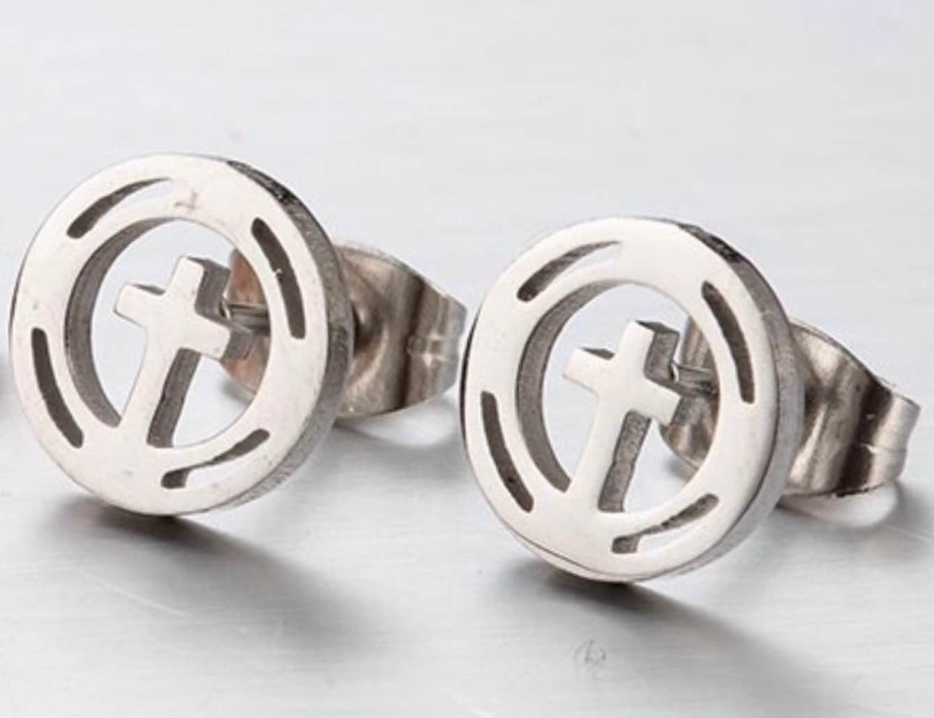 Round cross stud earrings in silver tone, circular border with plus cross