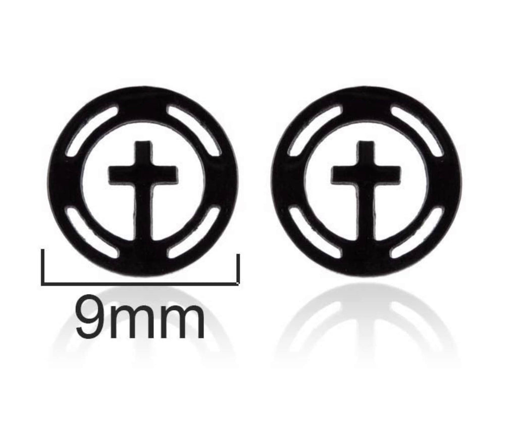 Round cross stud earrings in black with white inner ring and plus cross