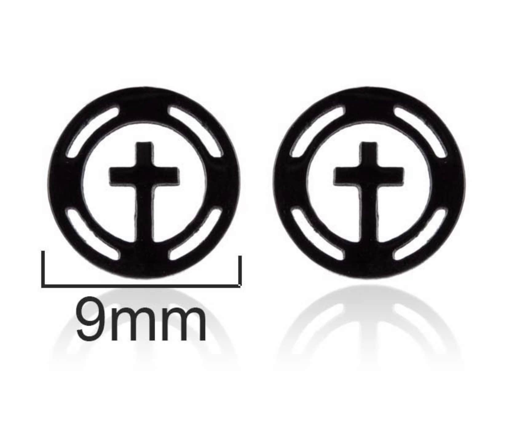 Round cross stud earrings in black with white inner ring and plus cross