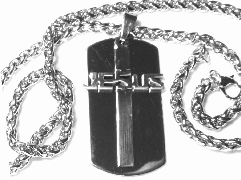Stainless steel dog tag necklace with gold cross emblem pendant and link chain