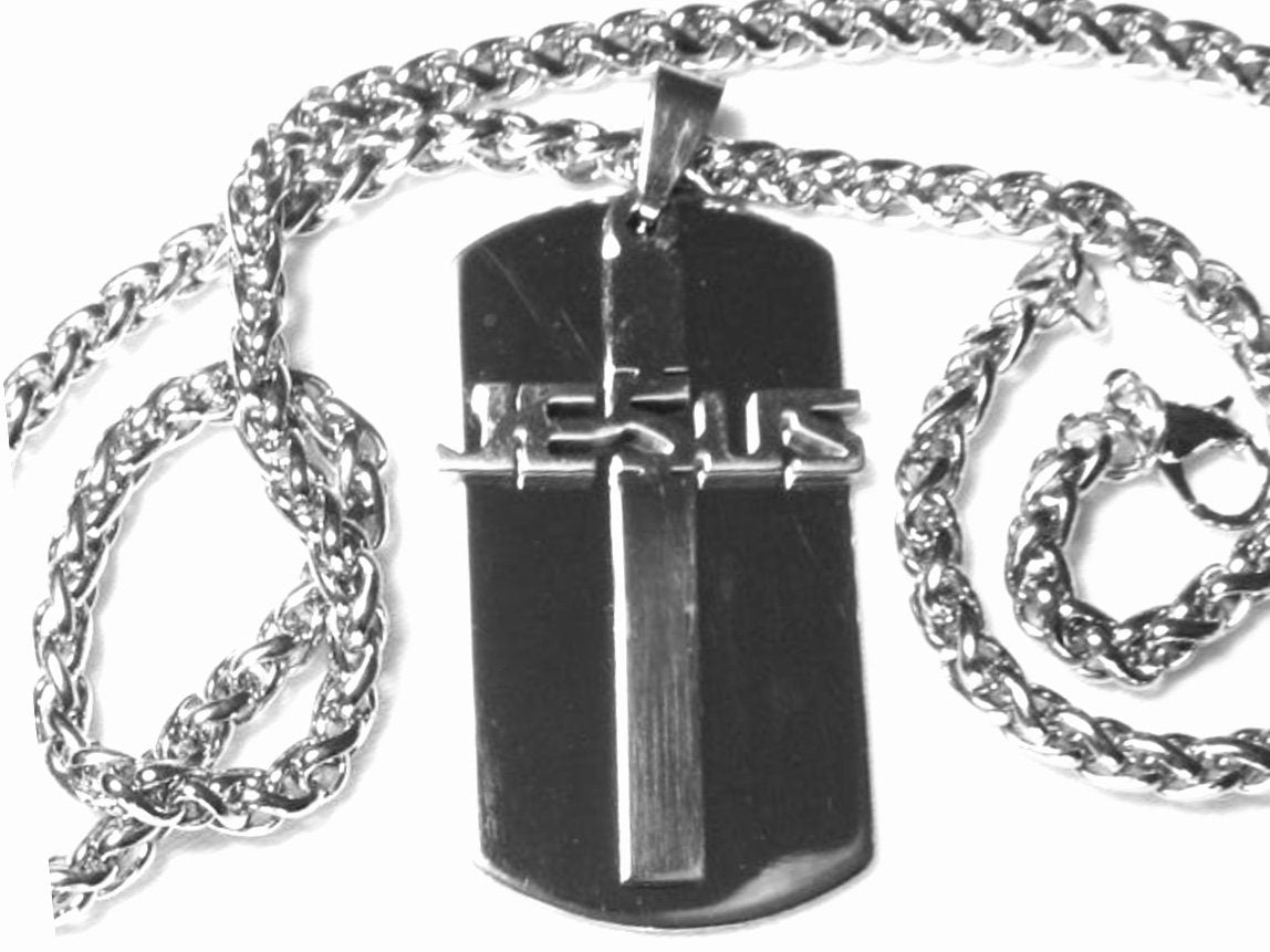 Stainless steel dog tag necklace with gold cross emblem pendant and link chain