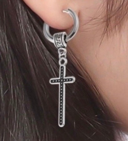 Celtic cross hoop earrings with engraved hoop and cross drop