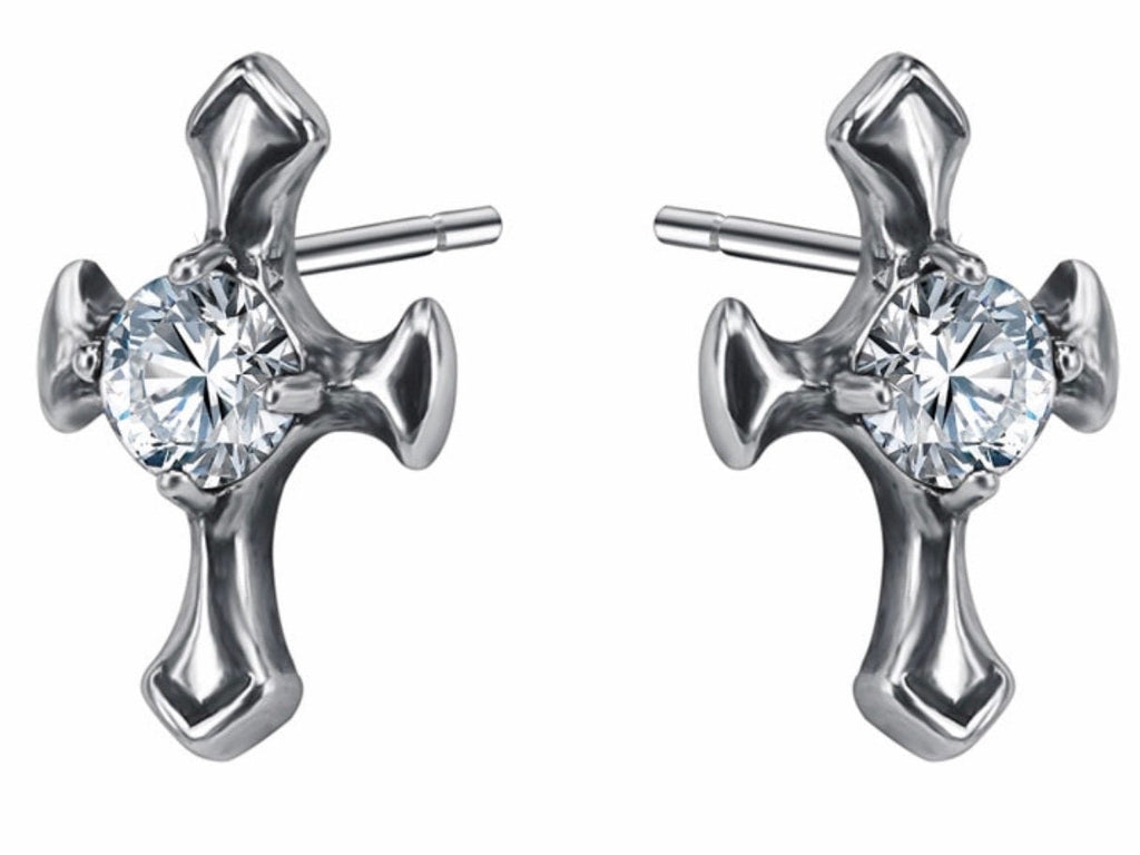 Silver cross stud earrings with round zircon center and straight back posts