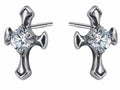 Silver cross stud earrings with round zircon center and straight back posts