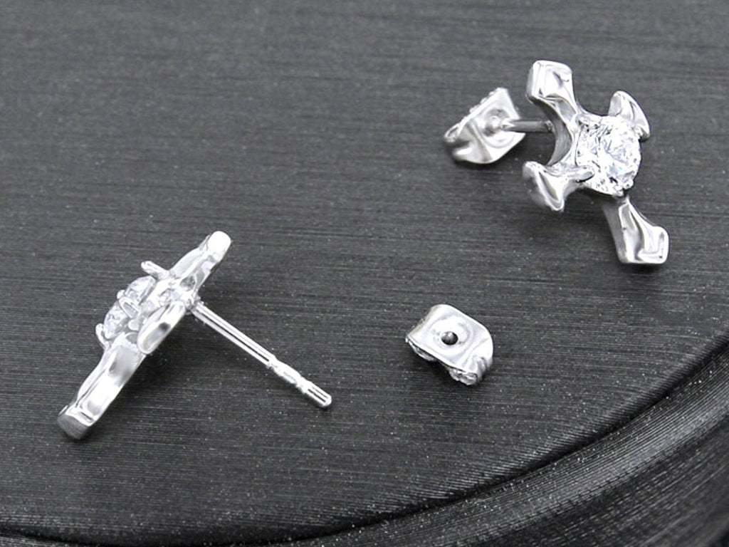 Silver zircon cross earring set: front studs, posts, and small back clutches