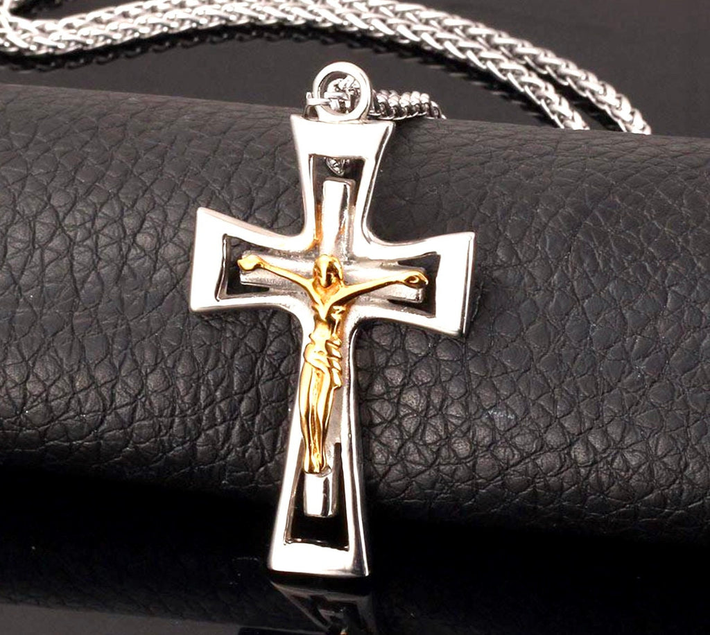 Silver-tone crucifix pendant necklace with gold Jesus figure and link chain
