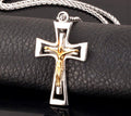 Silver-tone crucifix pendant necklace with gold Jesus figure and link chain