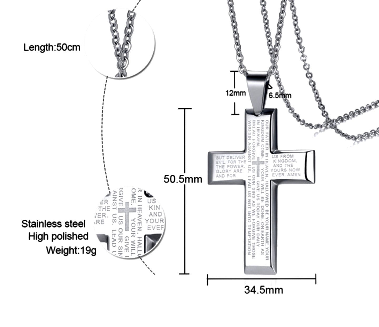 Stainless steel crucifix cross pendant necklace, 34.5 mm cross