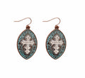 Teardrop cross earrings, copper and turquoise enamel with centered crucifix drop