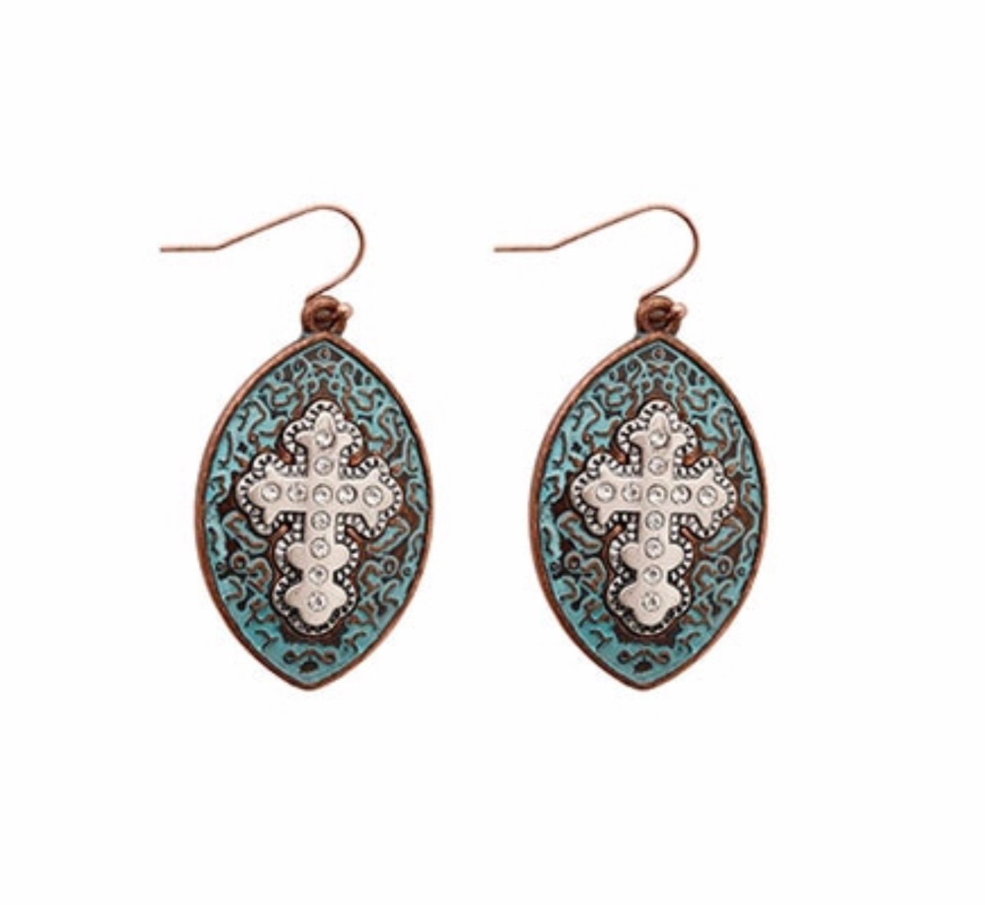Teardrop cross earrings, copper and turquoise enamel with centered crucifix drop
