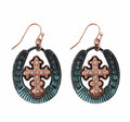 Turquoise teardrop dangle earrings with rhinestone cross center, copper-tone
