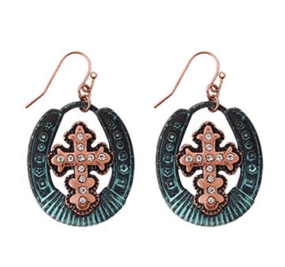 Turquoise teardrop dangle earrings with rhinestone cross center, copper-tone