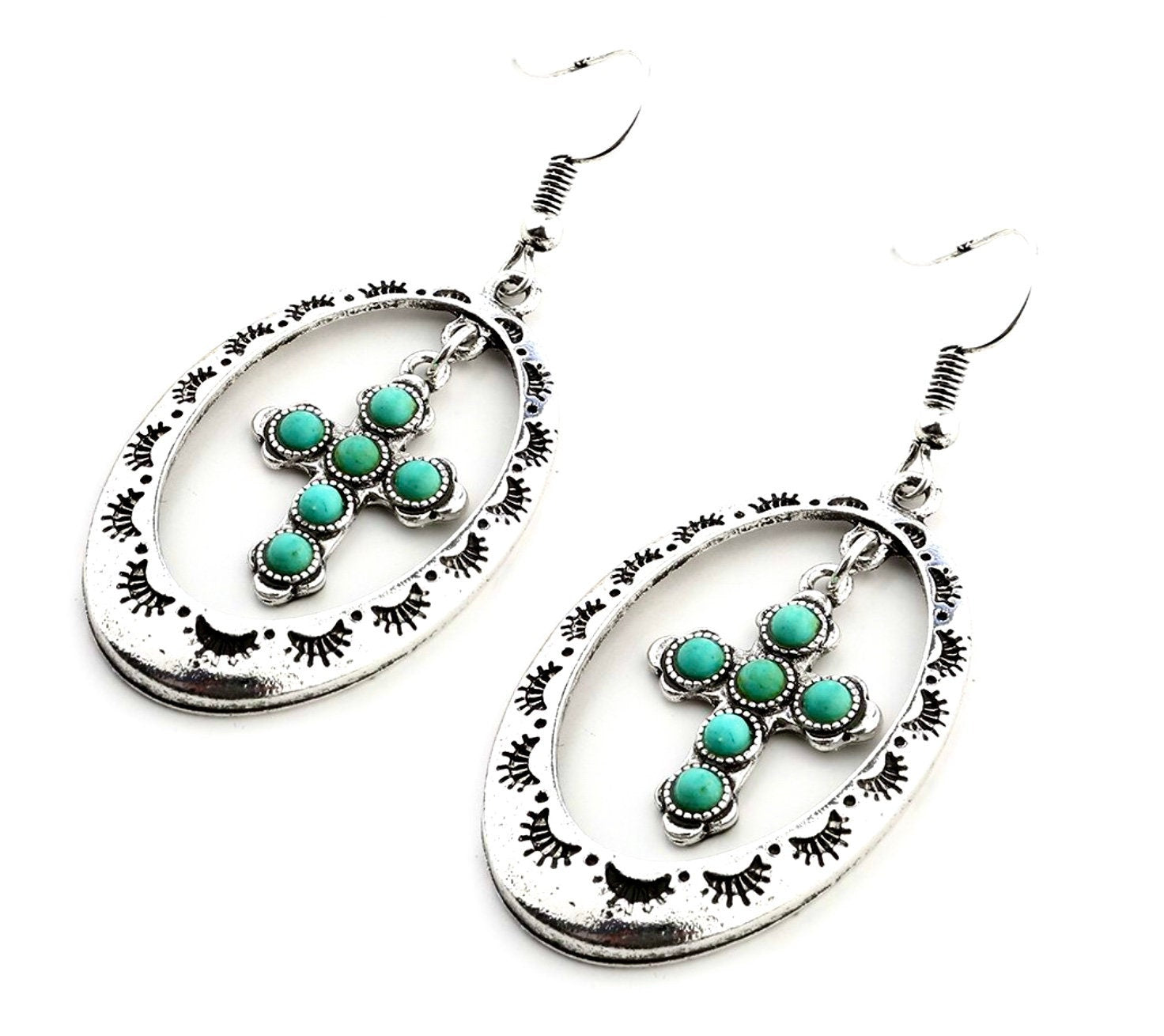 Silver-tone hoop earrings with turquoise bead cross centerpiece and dangling hooks