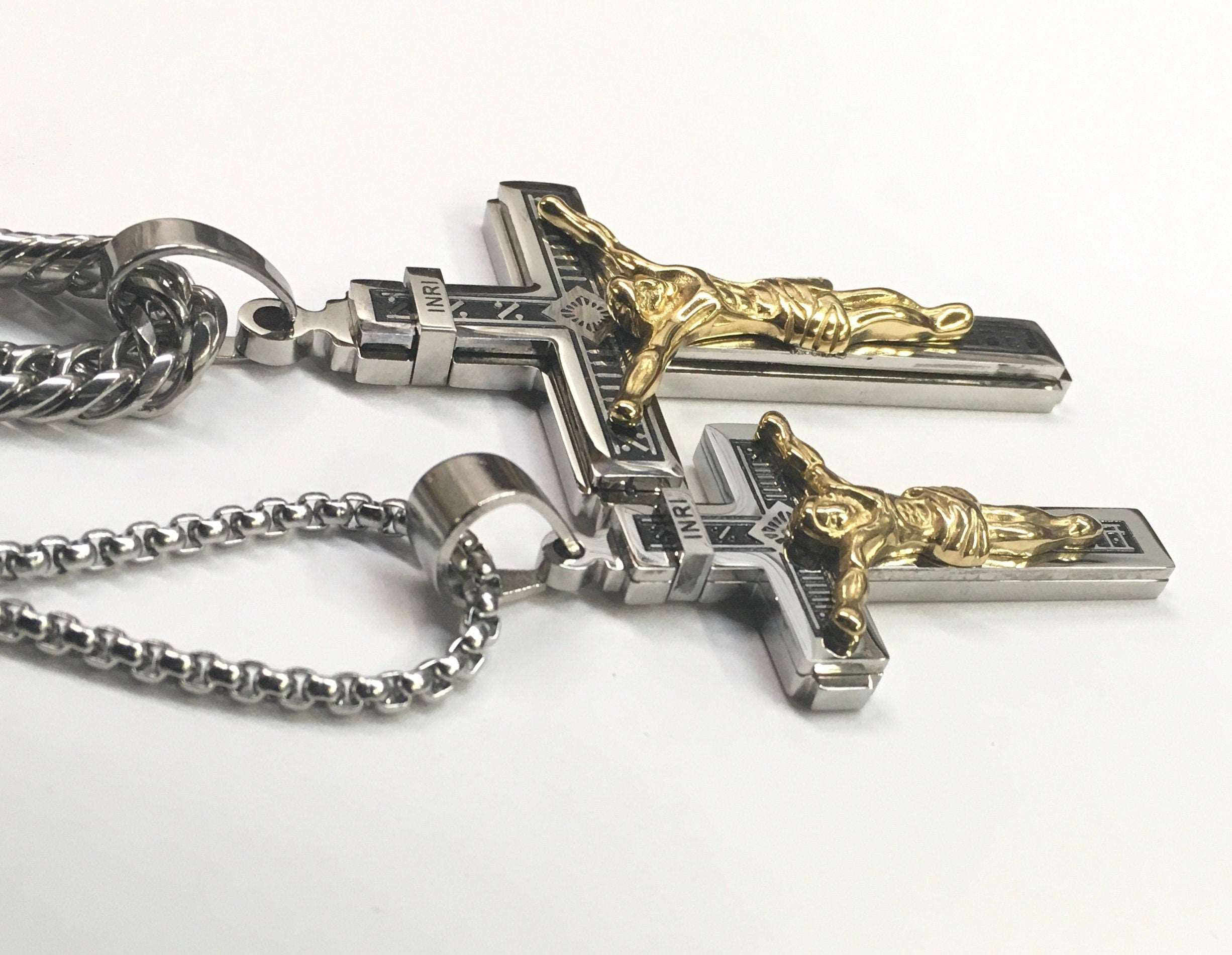 Gothic crucifix cross pendant with gold Jesus on silver curb chain