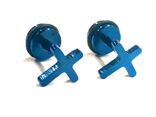 Blue cross stud earrings with screw-back posts