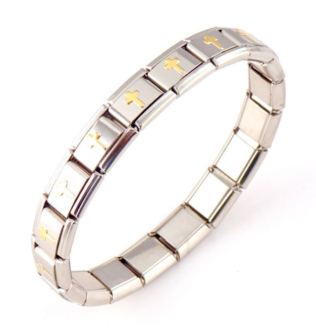 Silver stretch bracelet cuff with gold-tone cross link bars, angled view