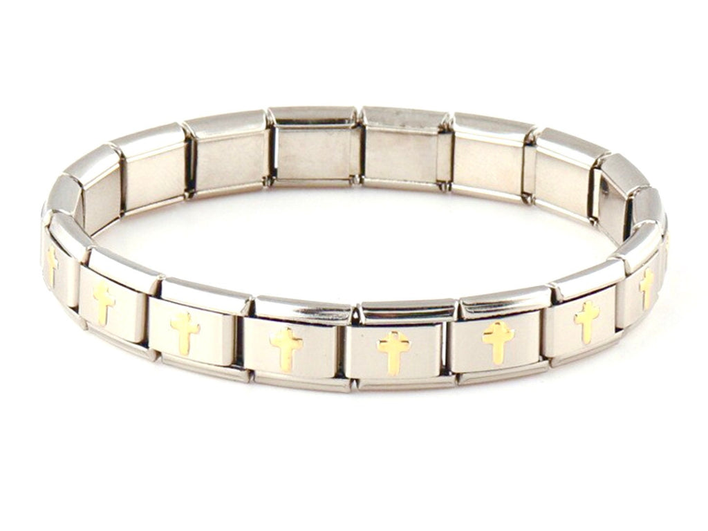 Silver stretch bracelet cuff with gold-tone cross link bars