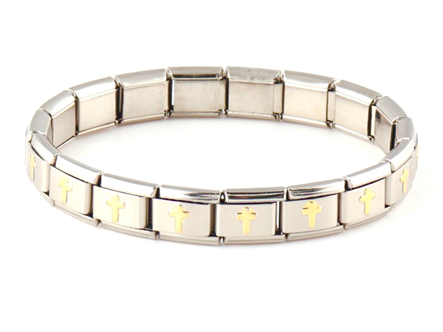 Silver stretch bracelet cuff with gold-tone cross link bars