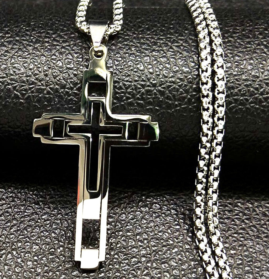 Silver cross pendant on link chain necklace