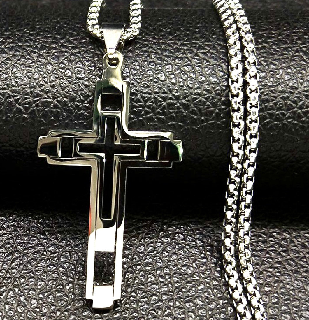 Silver cross pendant on link chain necklace