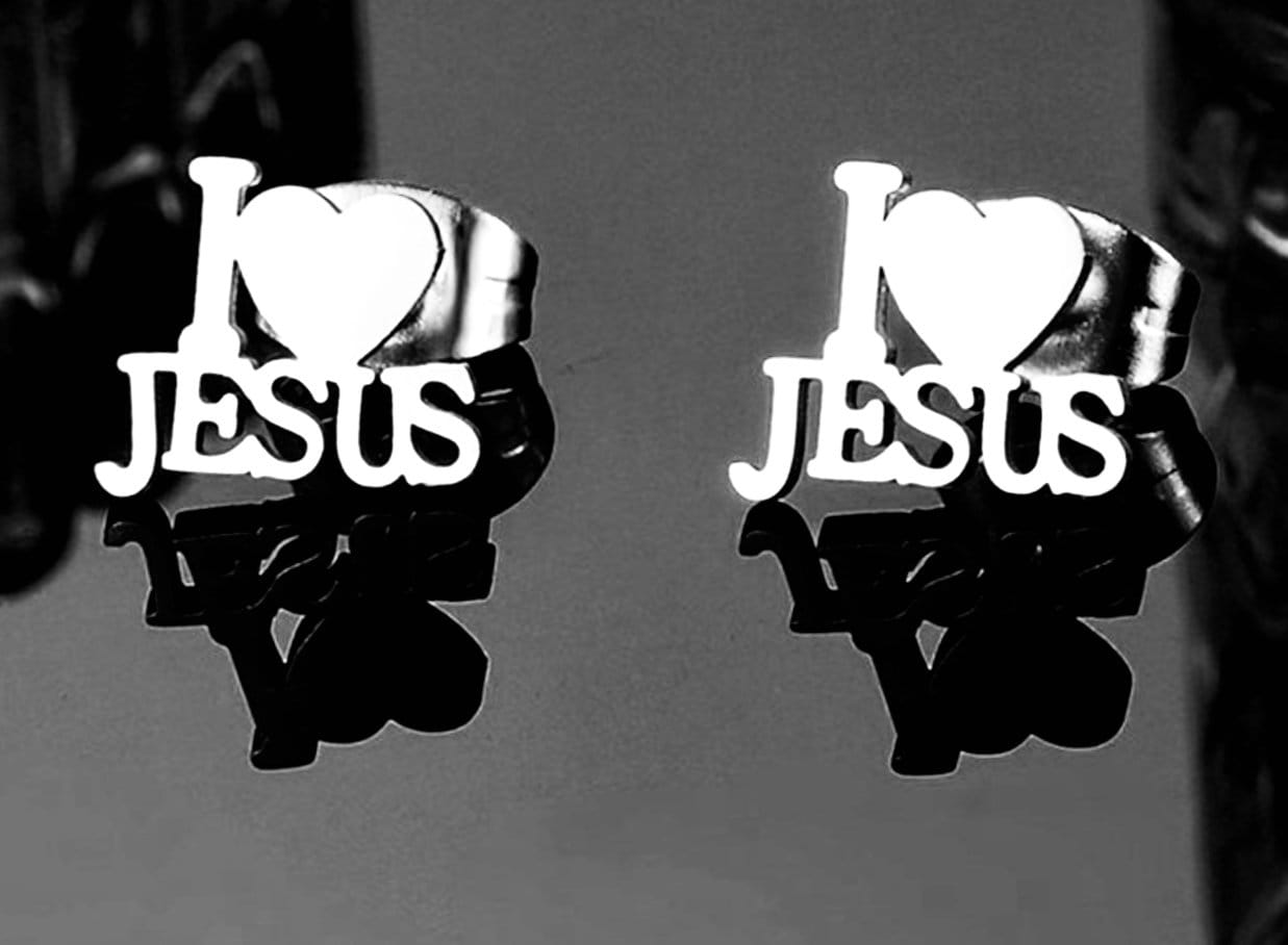 Heart Jesus stud earrings in silver-tone metal