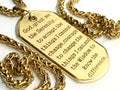 Gold dog tag necklace pendant with Serenity Prayer engraving and thick curb chain.