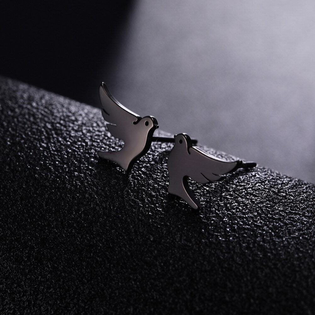 Black dove stud earrings with small wing cutouts