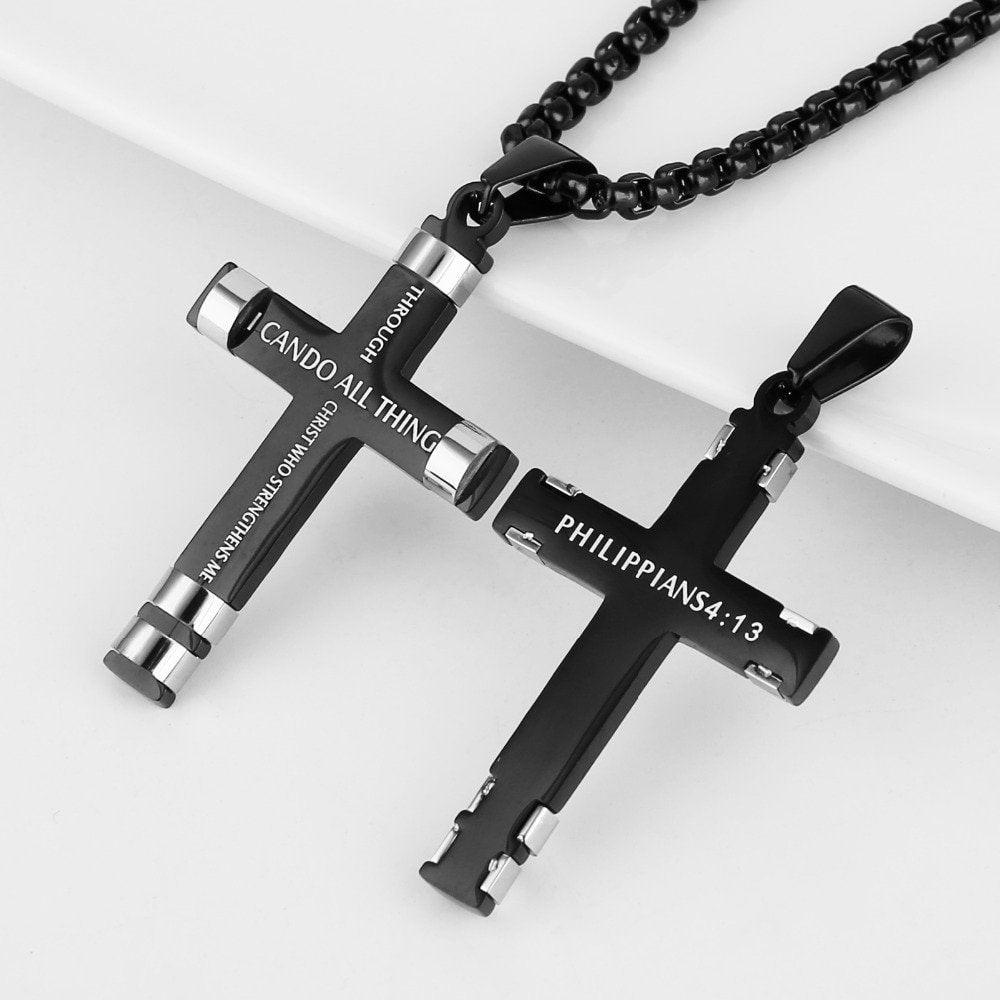 Mens black cross necklace with silver ends and engraved message on chain