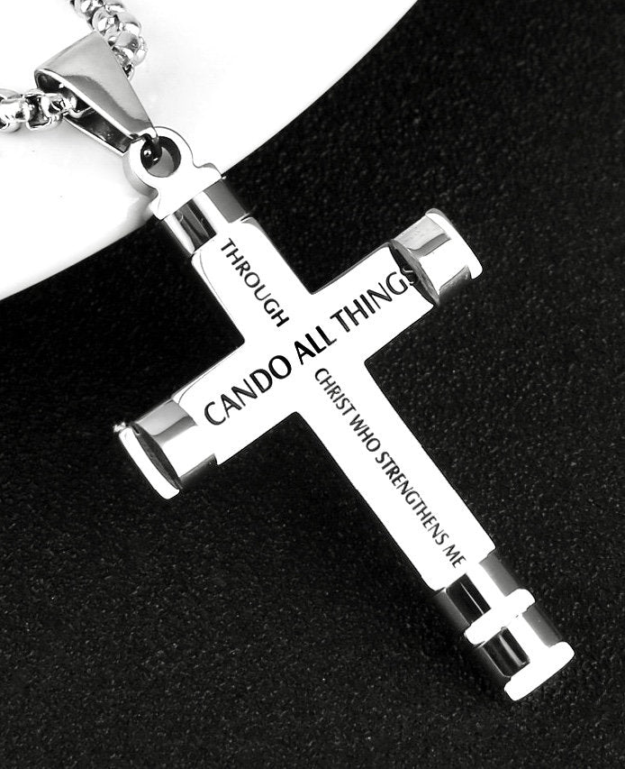 Mens black cross necklace pendant close-up with engraved text and silver tube details