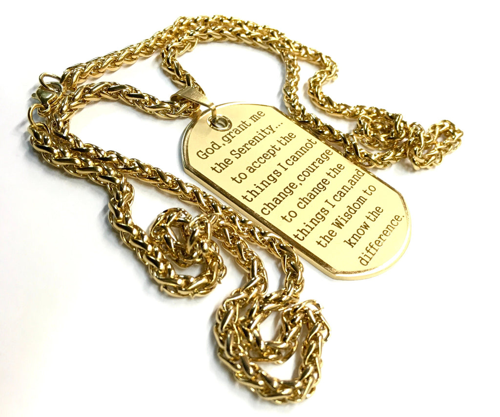 Gold dog tag necklace pendant with Serenity Prayer wording, shown on curb chain.
