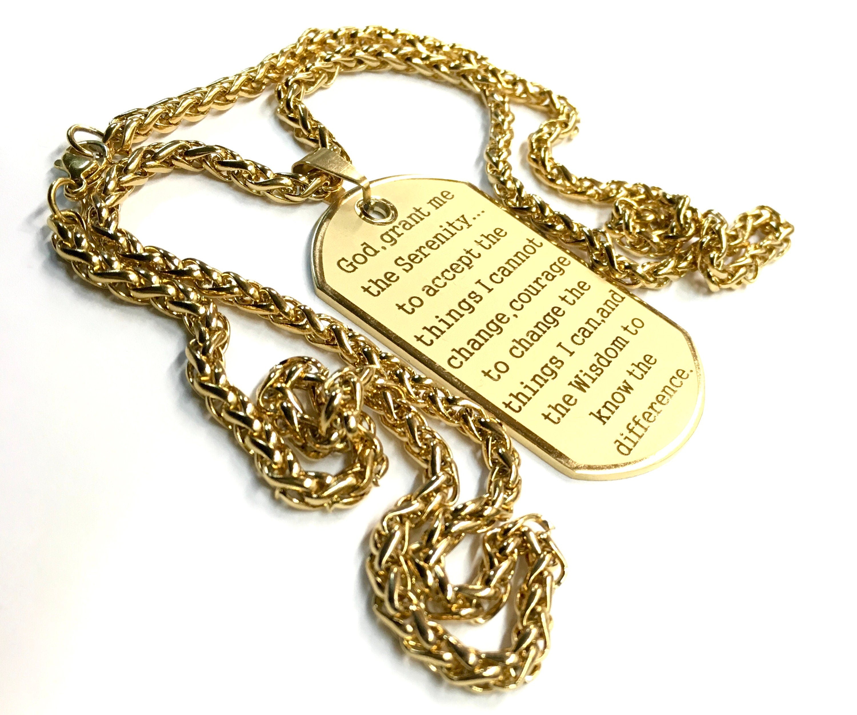Gold dog tag necklace pendant with Serenity Prayer wording, shown on curb chain.