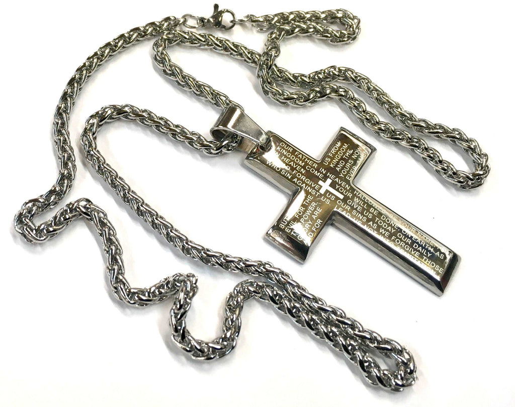 Silver crucifix cross pendant necklace with wheat chain