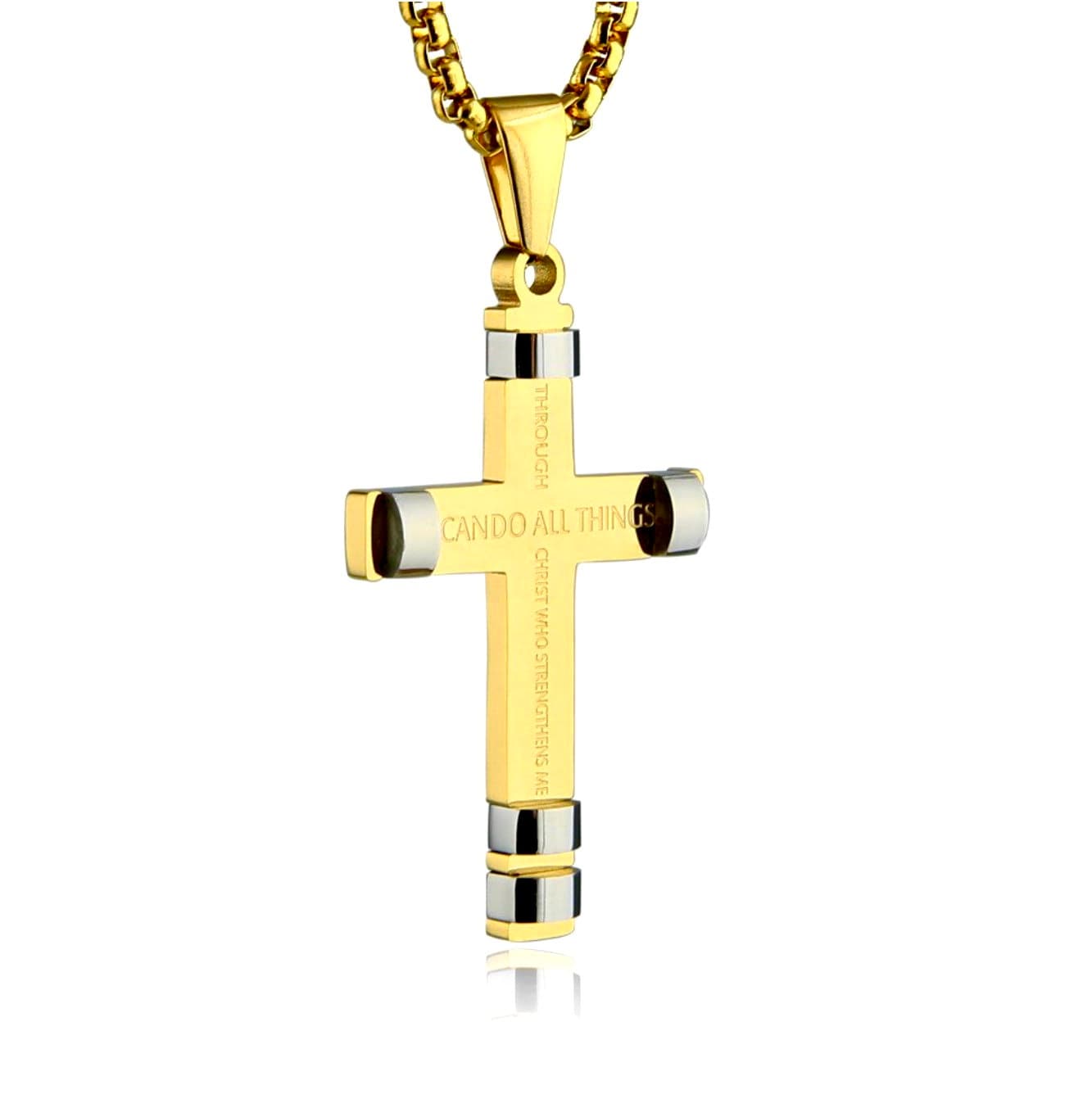 Mens gold cross necklace pendant with engraved text and curb chain