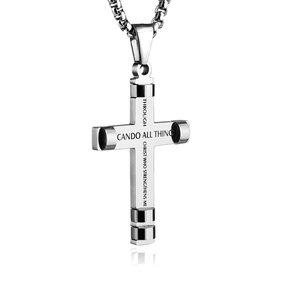 Mens silver cross necklace pendant with engraved text and curb chain