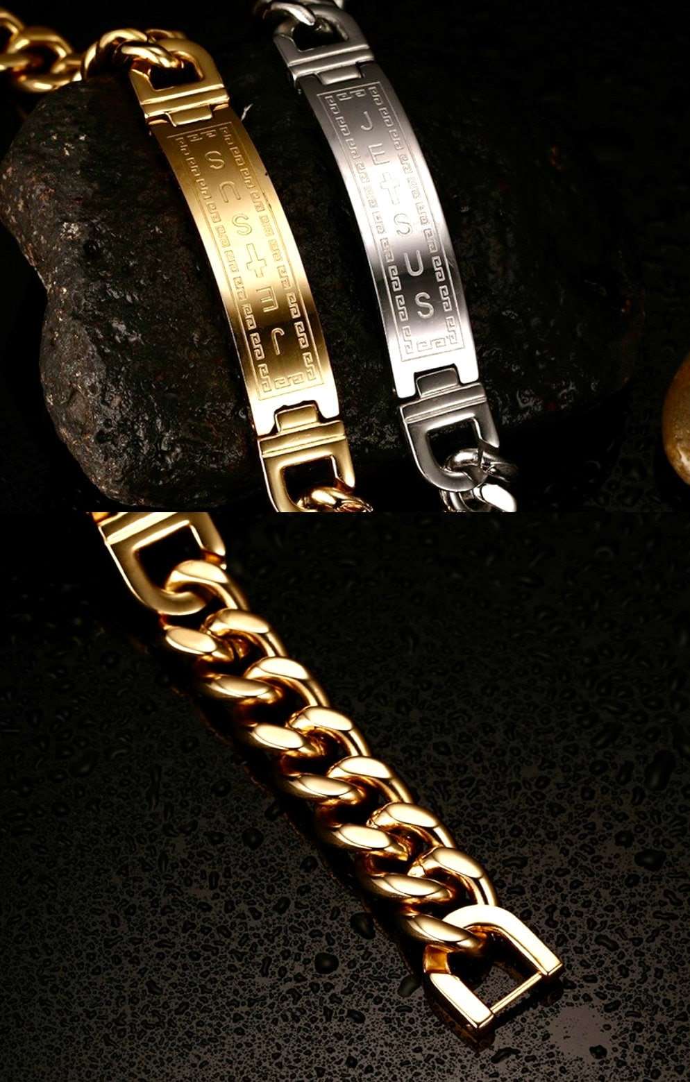 Two chain cuff bracelets, gold-tone and silver-tone, with engraved center panels