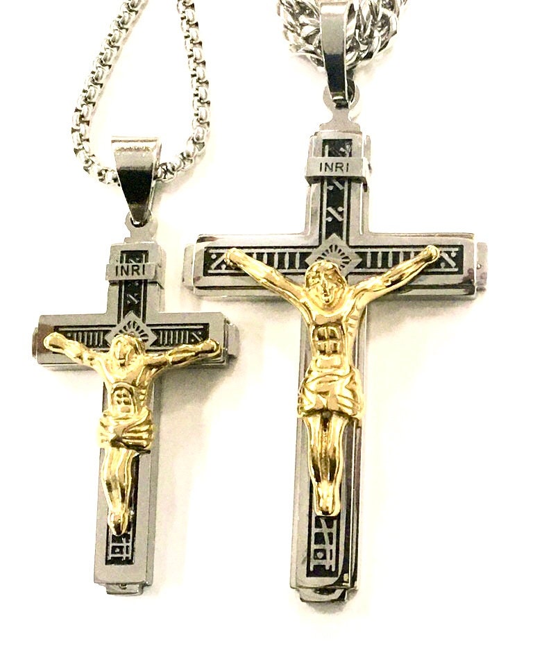Pair of crucifix cross necklaces with gold Jesus and silver INRI tag pendants