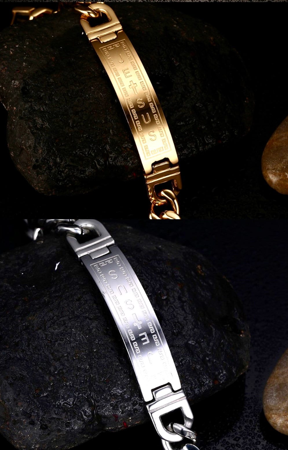 Silver-tone chain cuff bracelet with engraved center panel and square clasp