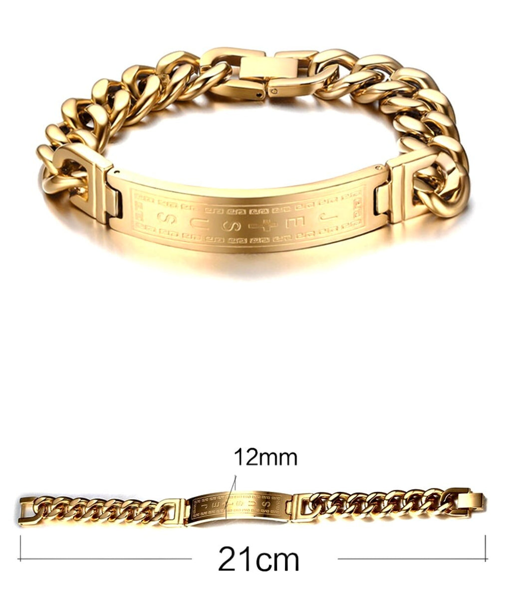 Gold-tone chain cuff bracelet, engraved panel; size 21cm and 12mm shown