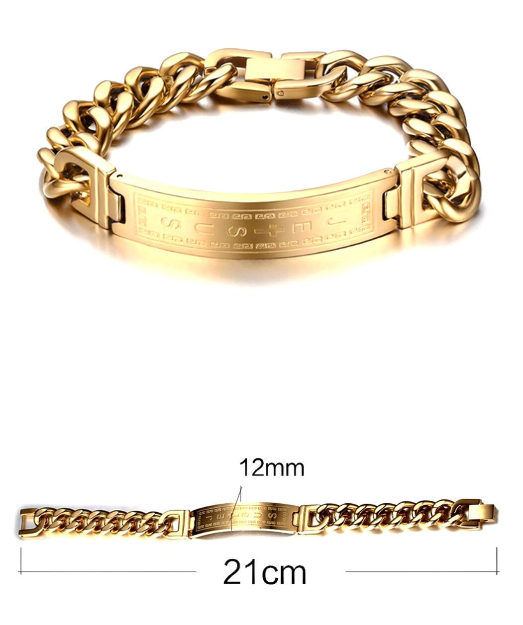 Gold-tone chain cuff bracelet, engraved panel; size 21cm and 12mm shown